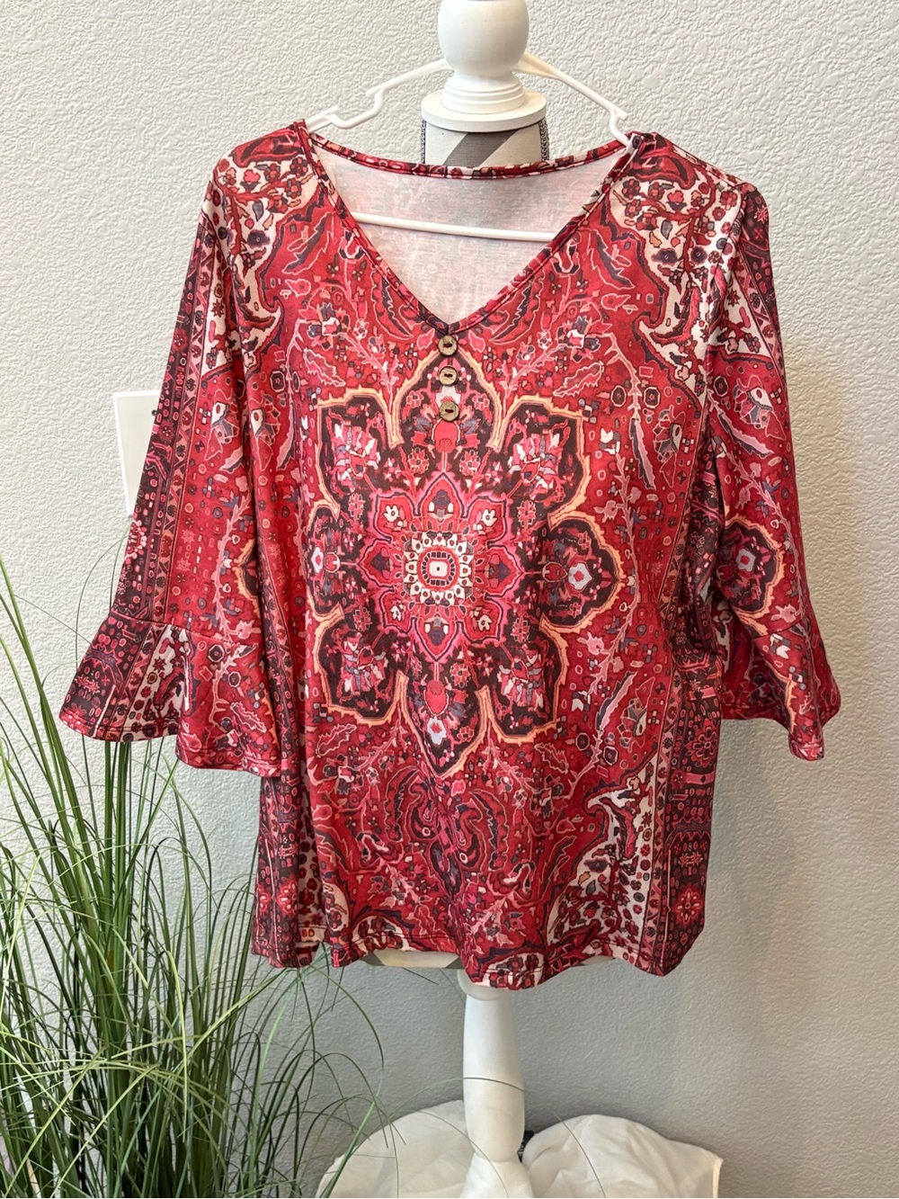 Women's Red Paisley V-Neck Bell Sleeve Top